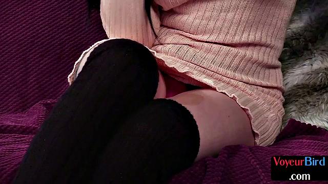 Amateur voyeur babe in stockings teases wanker