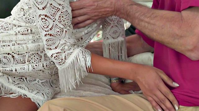 Babe sucking senior dick in duo before riding until cumshot