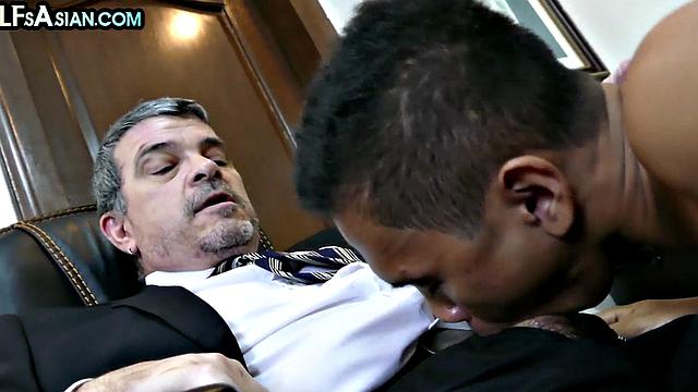 Asian skinny twink nailed by businessman DILF in office