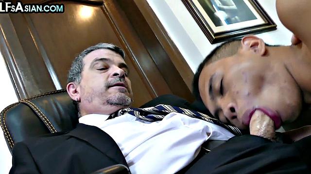 Asian skinny twink nailed by businessman DILF in office