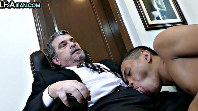 Asian skinny twink nailed by businessman DILF in office