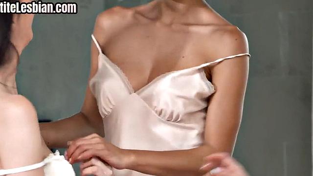 Petite stunning lez sluts licking at sleepover in threesome