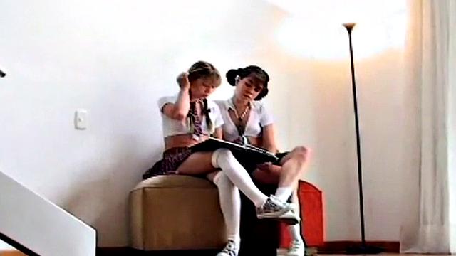 Brunette schoolgirl licks small tits & pigtails in hot schoolgirl lingerie