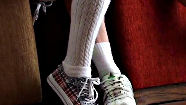 Brunette schoolgirl licks small tits & pigtails in hot schoolgirl lingerie