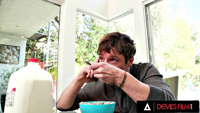 DEVILS FILM - Naughty Busty Stepmom Makes Her Stepson Eat Cereal With Her Tits