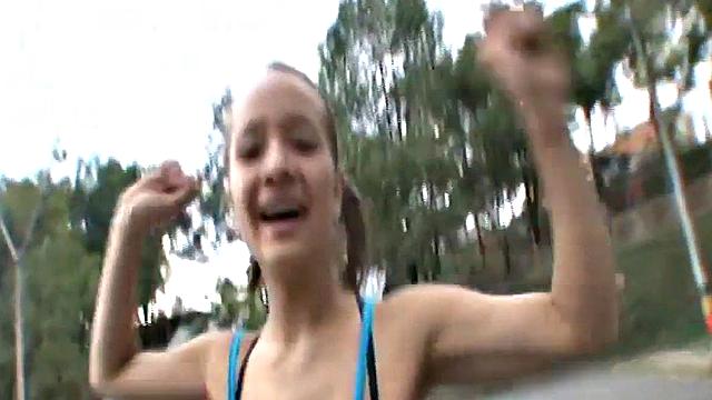 Busty cute teen plays on the court