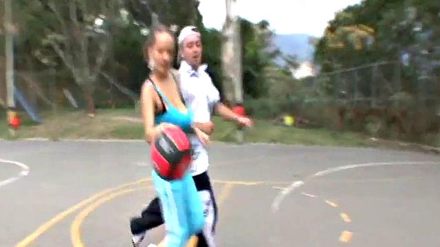 Busty cute teen plays on the court