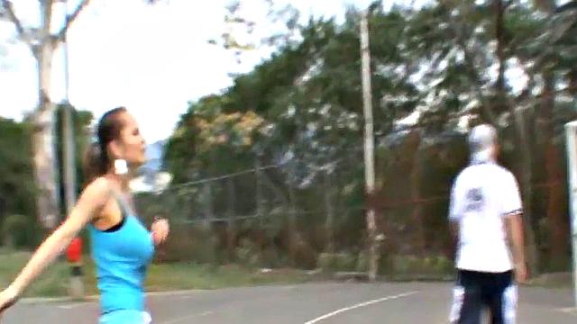 Busty cute teen plays on the court