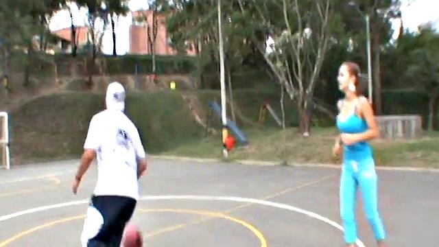 Busty cute teen plays on the court