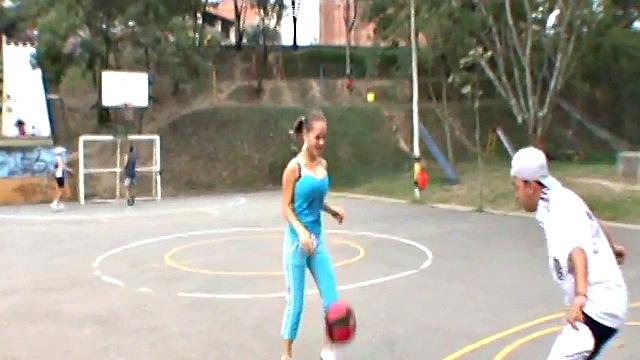 Busty cute teen plays on the court