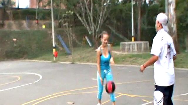Busty cute teen plays on the court