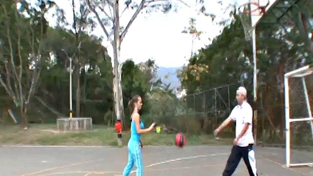 Busty cute teen plays on the court