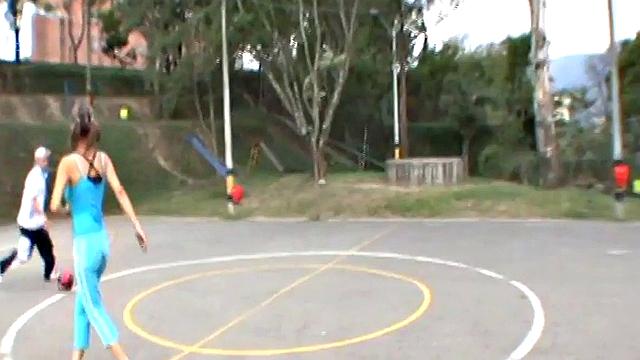 Busty cute teen plays on the court