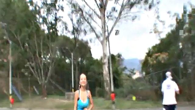 Busty cute teen plays on the court