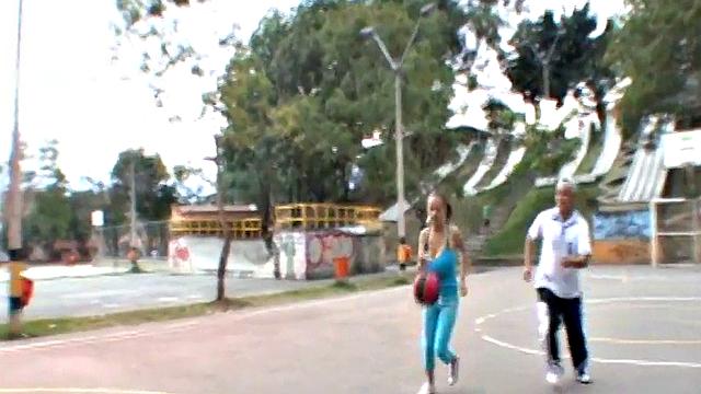 Busty cute teen plays on the court