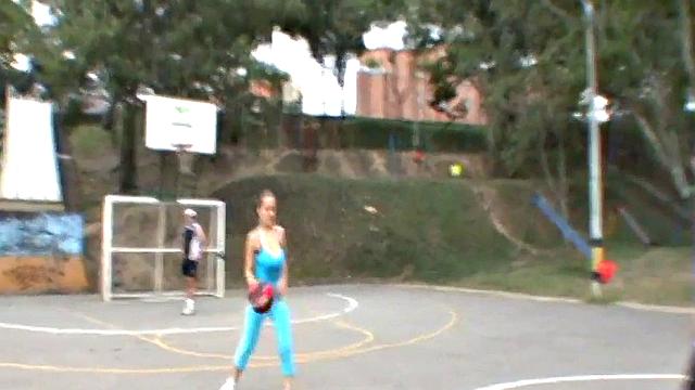 Busty cute teen plays on the court