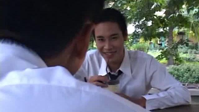 Asian boys Moo and Eak find unlocked storeroom. Eak strips down and sits in chair, while Moo latches onto his big fat cock, an oral exchange follows, until both boys cum