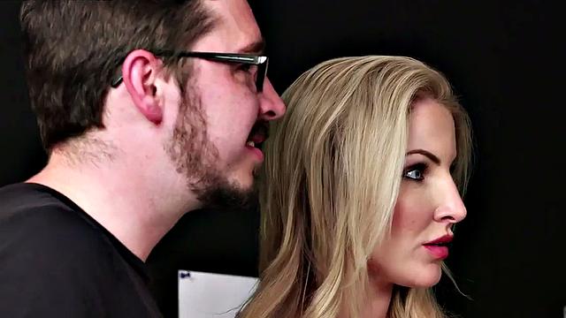 British MILF in high heels gives a hot handjob & takes a cum load in CFNM with dudes wife