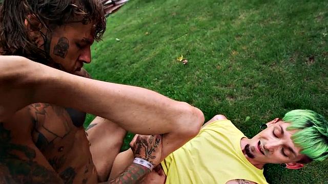 Dominant thug barebacks bottom twink outdoors