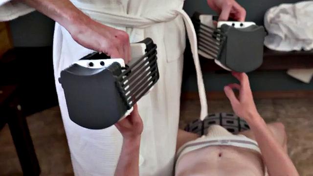 Stepson gets toyed in ass with dildo by stepdaddy in the sauna