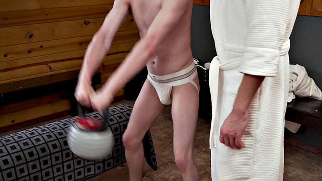 Stepson gets toyed in ass with dildo by stepdaddy in the sauna