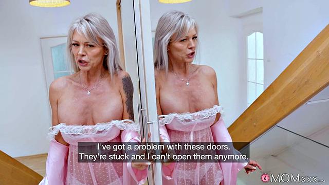 Horny MILF in threesome with handymen