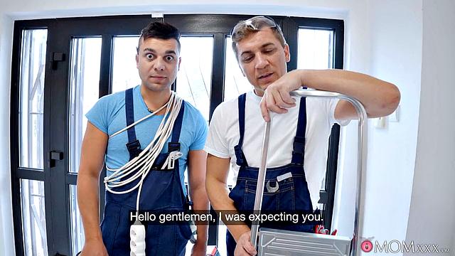 Horny MILF in threesome with handymen