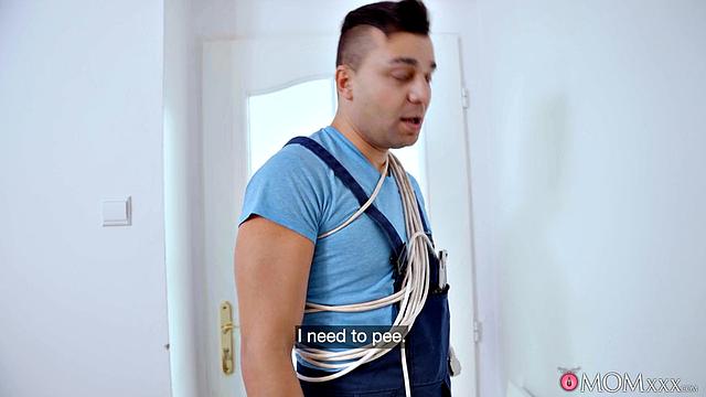 Horny MILF in threesome with handymen