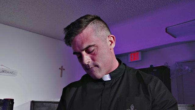 Gagging CFNM babe in uniform sucks priest cock in dormitory