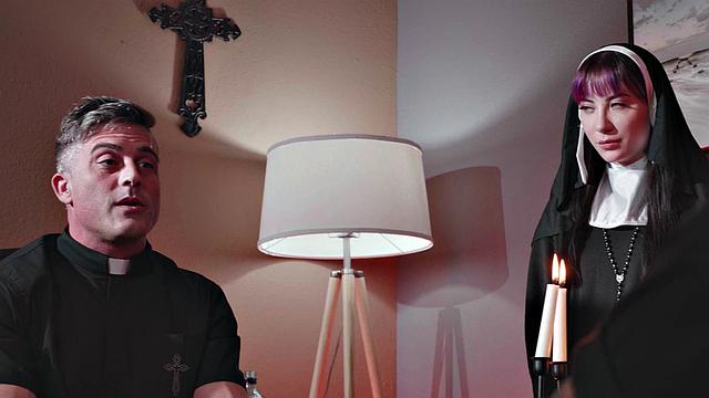 Gagging CFNM babe in uniform sucks priest cock in dormitory