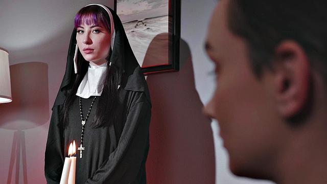 Gagging CFNM babe in uniform sucks priest cock in dormitory