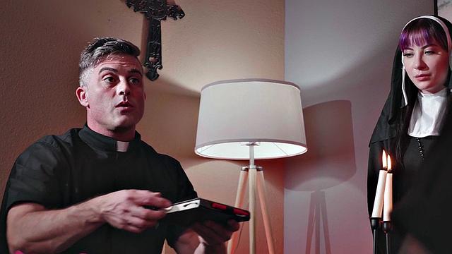 Gagging CFNM babe in uniform sucks priest cock in dormitory