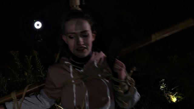 Petite sub put into bondage on a cool night before sucking cock