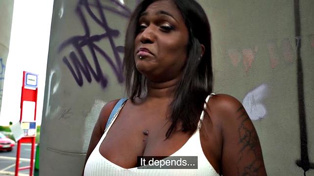 Bigboobs Ebony publicly fucked for cash after blowjob