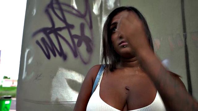 Bigboobs Ebony publicly fucked for cash after blowjob