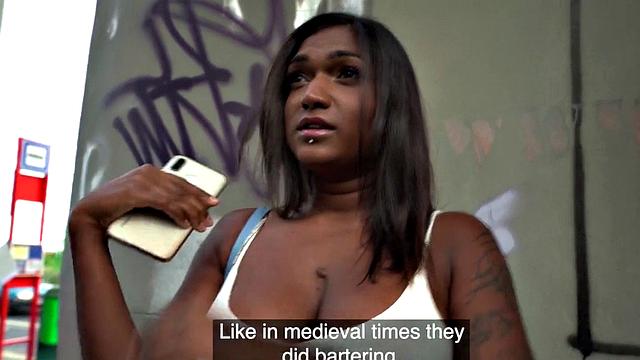 Bigboobs Ebony publicly fucked for cash after blowjob