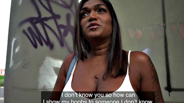 Bigboobs Ebony publicly fucked for cash after blowjob