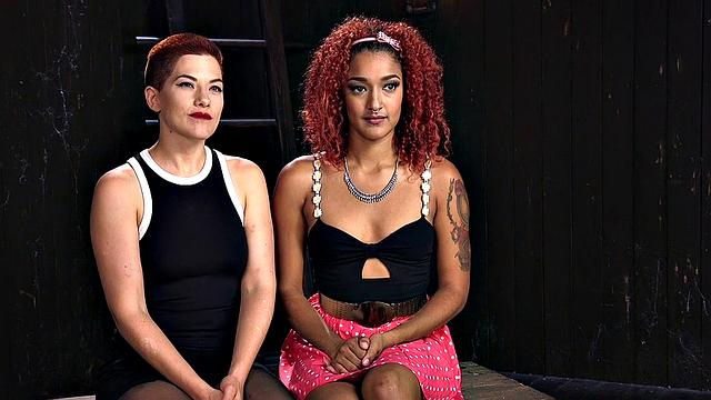 Predicament bondage babes whipped by master in BDSM