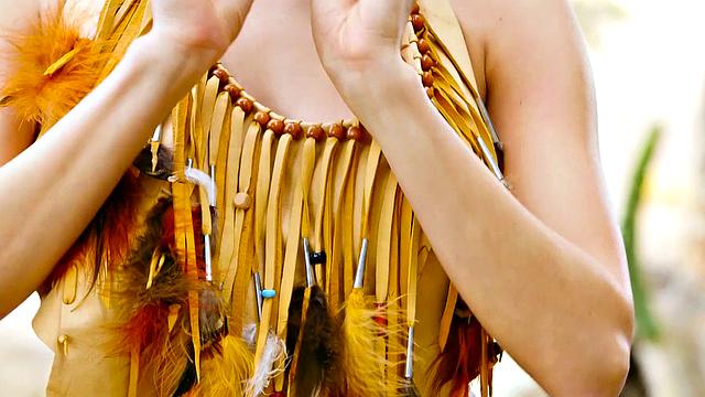 Brunette babe in panties enjoys outdoor solo play with her big tits and bald pussy