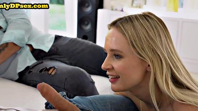 Euro babe gets fucked in ass to mouth MMF threesome