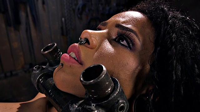 BDSM Ebony gets whipped after shaking orgasm by toy masters