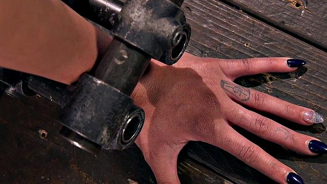 BDSM Ebony gets whipped after shaking orgasm by toy masters