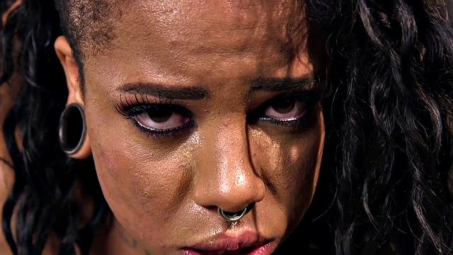 BDSM Ebony gets whipped after shaking orgasm by toy masters