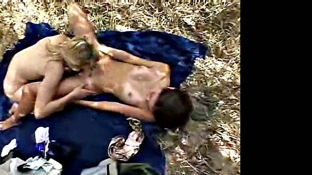 Chloe 18 rubbing friend's tits and eating pussy outdoor