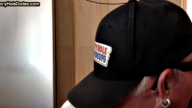 Throating gloryhole DILF eats black cock in closeup