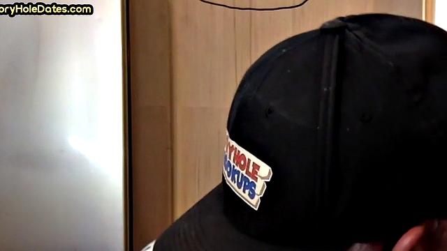 Throating gloryhole DILF eats black cock in closeup