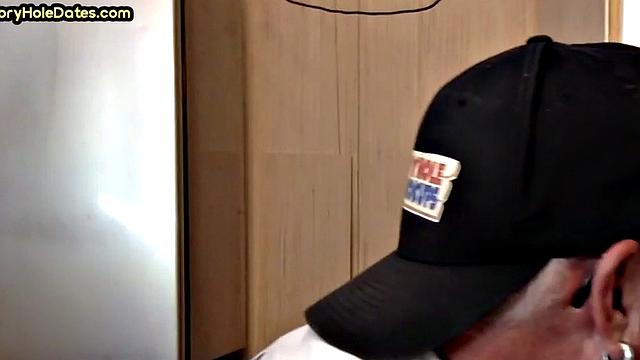 Throating gloryhole DILF eats black cock in closeup