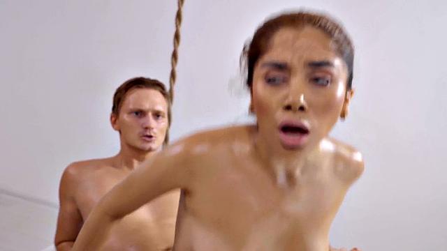 Sensual oiled babe by masseurs cock after massage