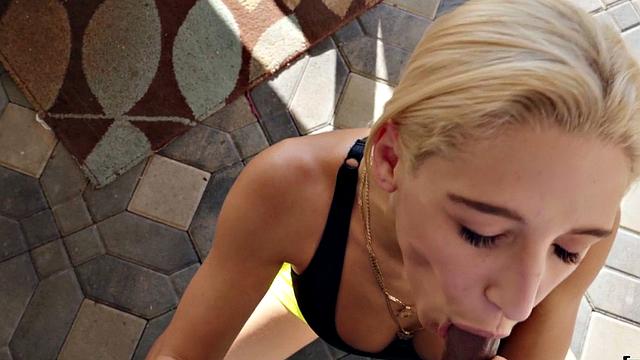 Blonde teen with a trimmed pussy rides a big cock while her boyfriend is out