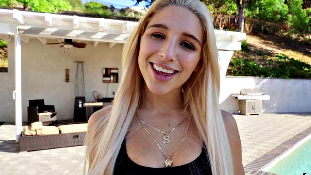 Blonde teen with a trimmed pussy rides a big cock while her boyfriend is out